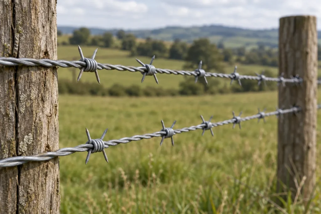 Twisted barbed wire strands along timber fence posts