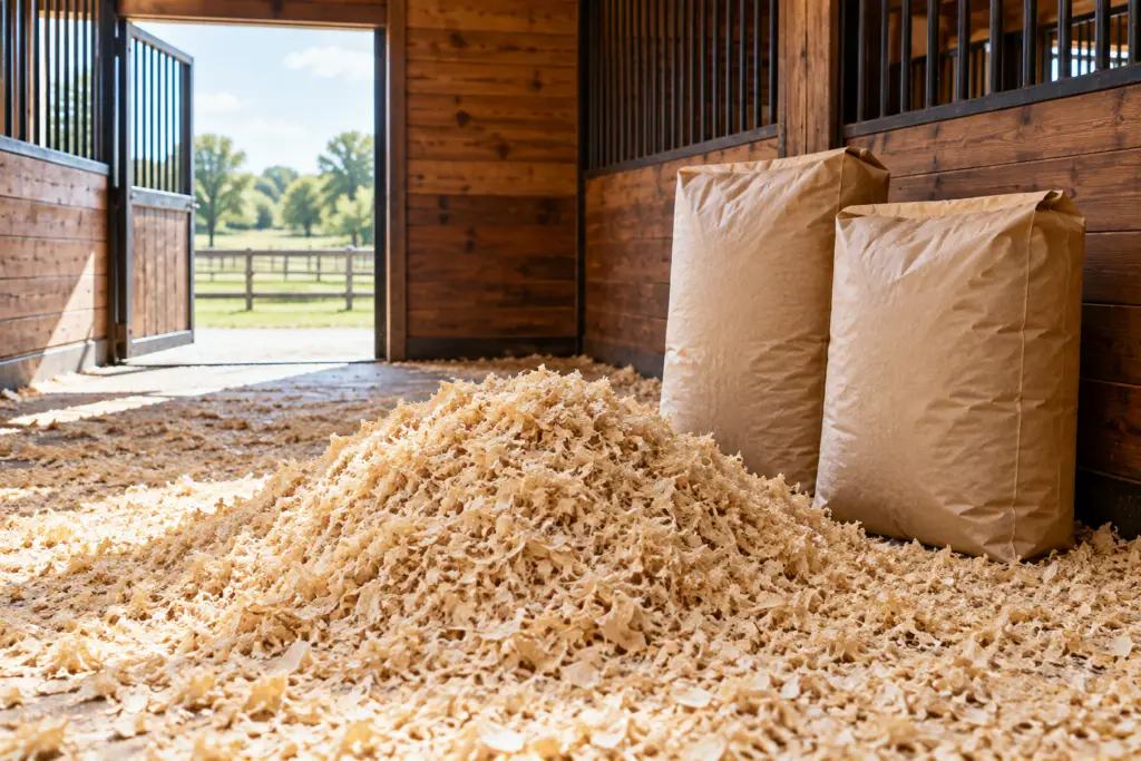 Loose wood shavings and plain bedding sacks in a clean stall