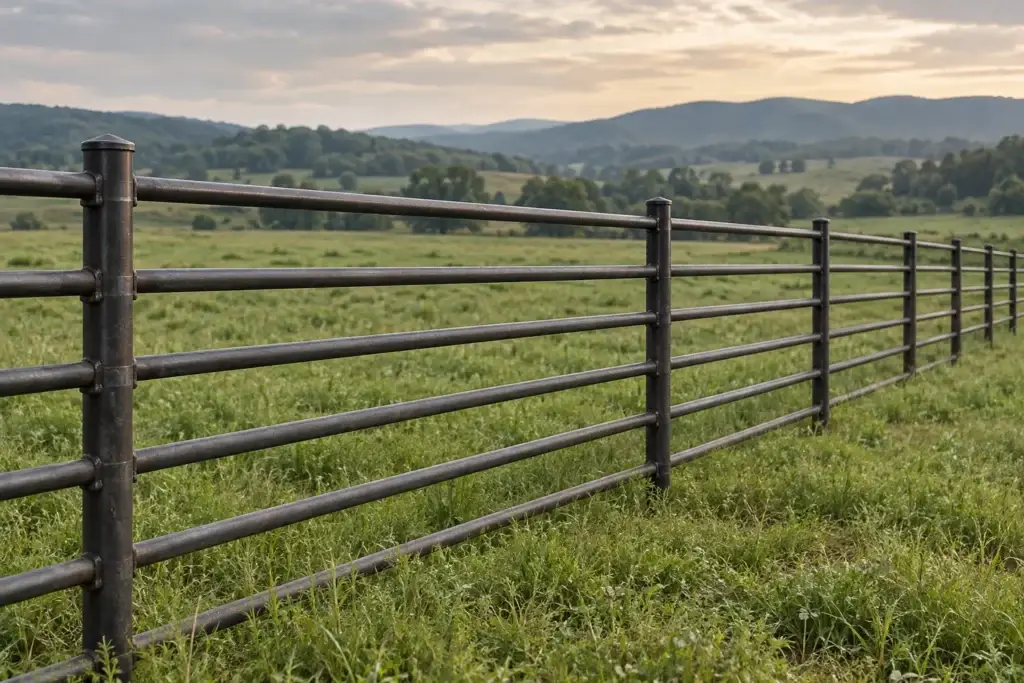 Dark steel rail fence running beside a green pasture