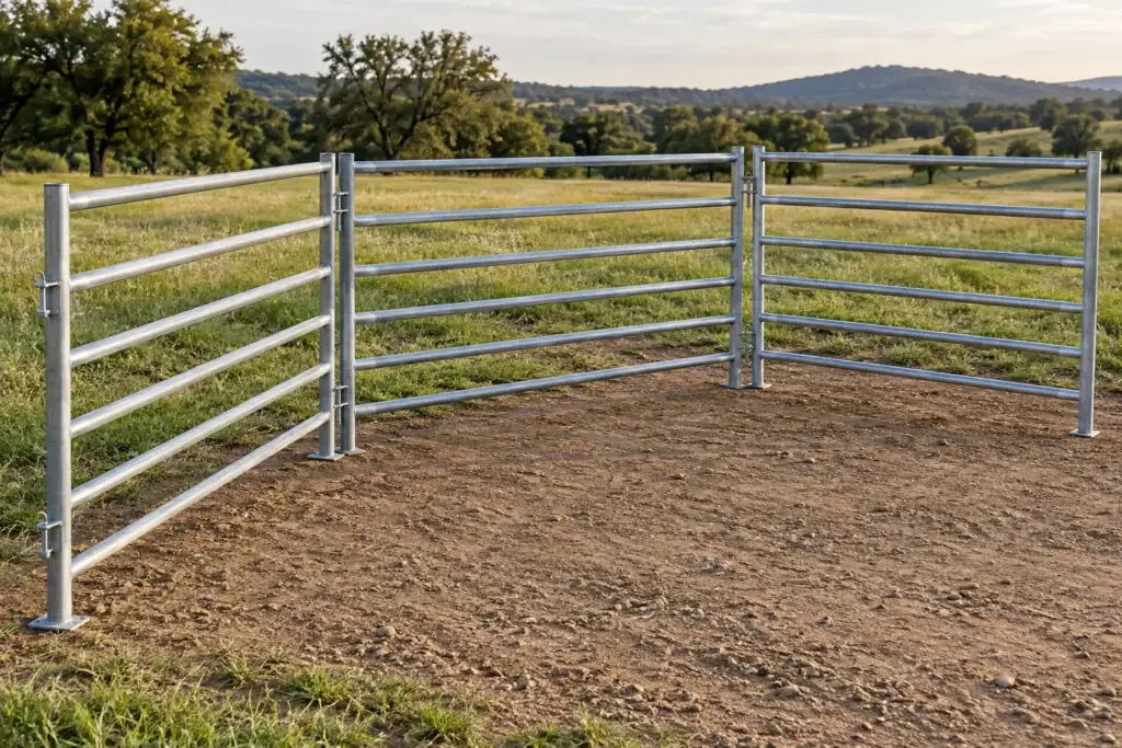 Three connected steel corral panels forming an open enclosure