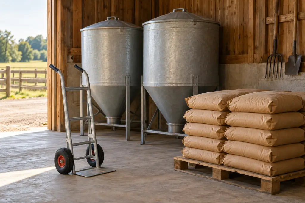 Lidded storage bins and a hand trolley in a tidy feed room