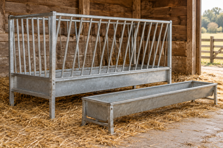 Metal hay rack and feed trough in a timber barn bay