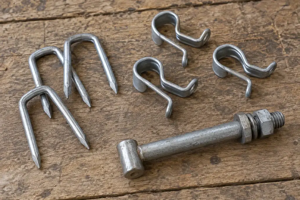 Fence staples, clips and a hinge component on a workbench
