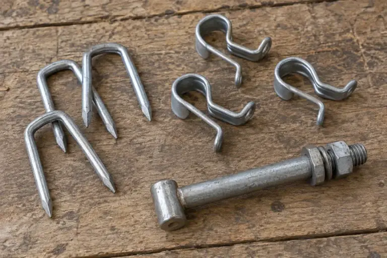 Fence staples, clips and a hinge component on a workbench