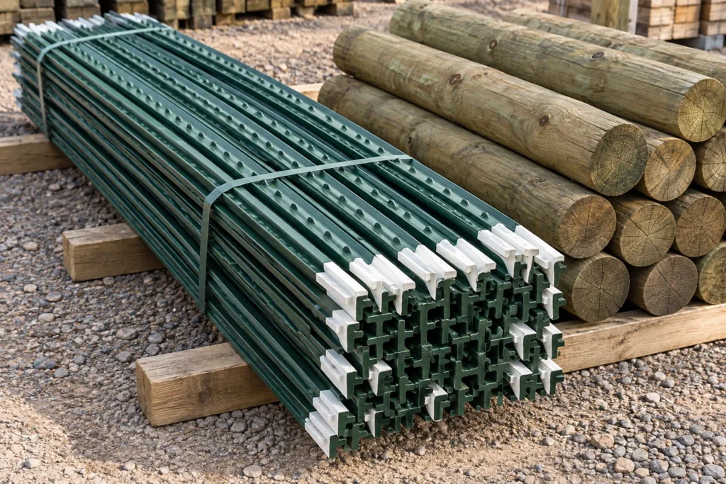 Bundled steel fence posts beside round timber posts