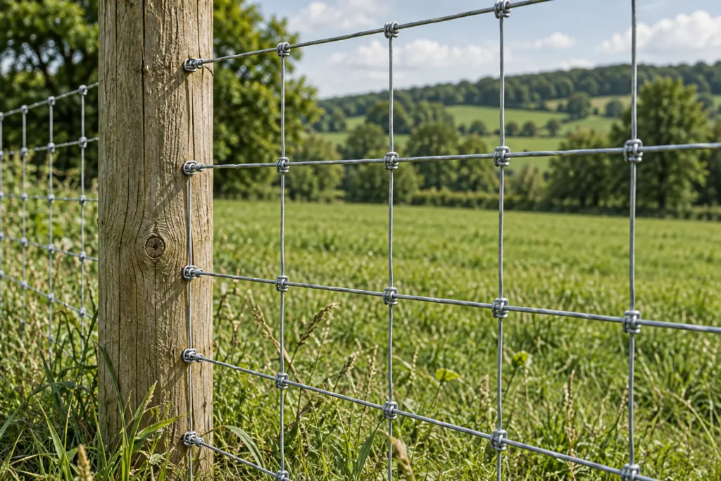 Knotted wire field fence attached to a timber post