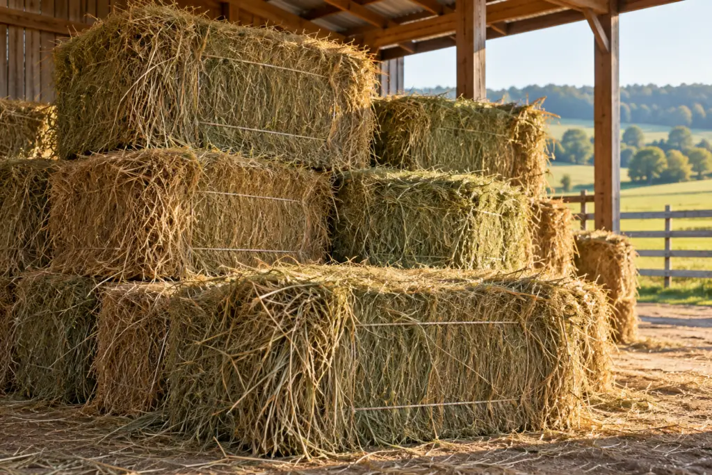 Rectangular hay bales stacked inside an open farm shed