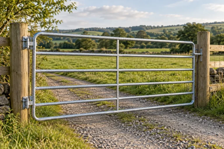 Tubular livestock gate hinged between timber posts