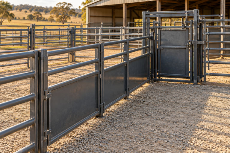 Steel livestock handling race and sorting gates in an empty farm yard