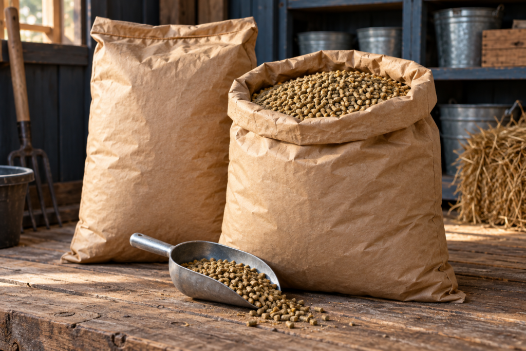 Plain feed sacks and a metal scoop beside dry feed pellets