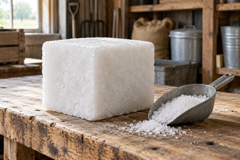 Plain salt block beside a scoop of coarse salt on a wooden workbench