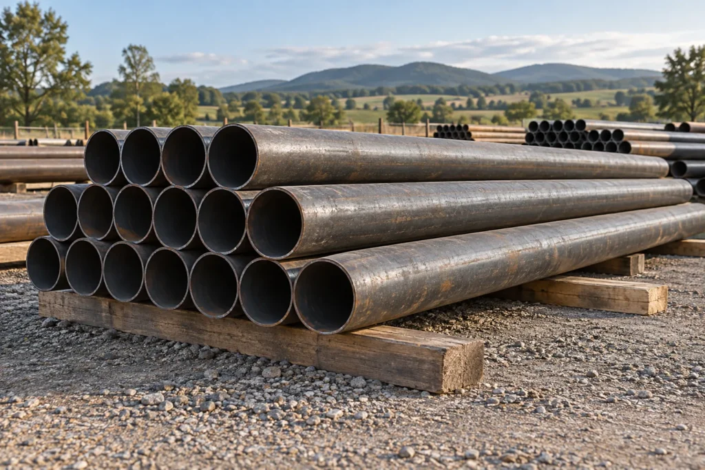 Steel pipe lengths stacked on timber supports