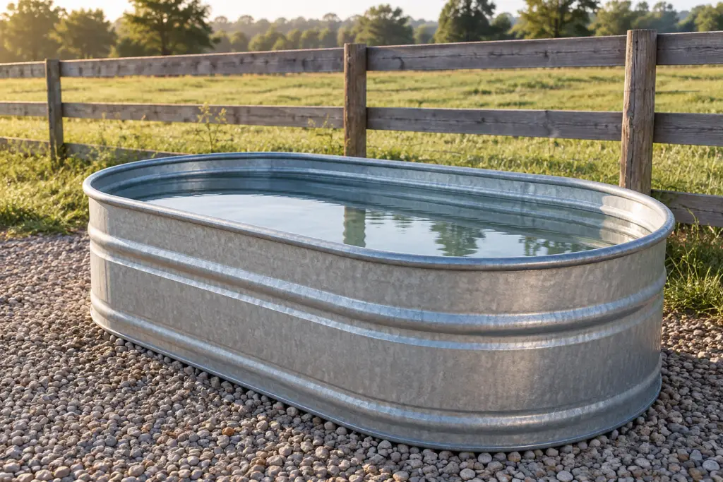 Oval galvanized stock tank beside a farm fence