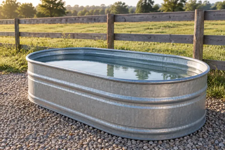 Oval galvanized stock tank beside a farm fence