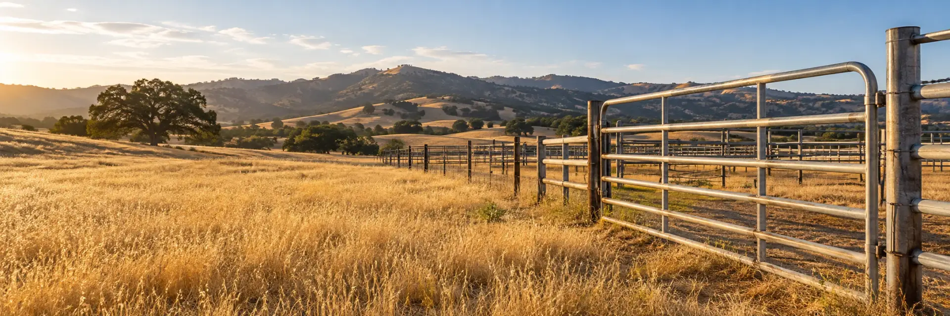 Illustrative golden pasture with a galvanized livestock gate and fence lines